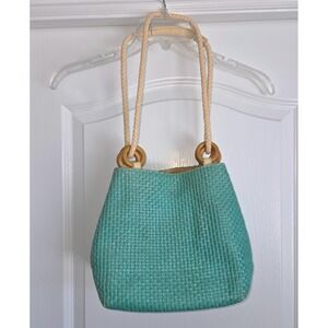 Maurizio Taiuti Italian Turquoise Woven Leather Bucket Bag Rope Handle Wood Ring
